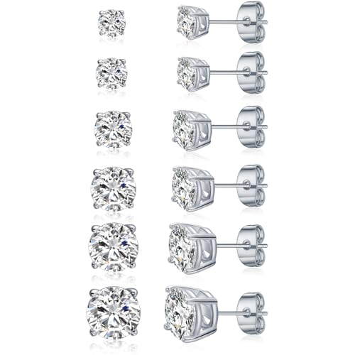 Gemsme 6 Pairs Cubic Zirconia Stud Earrings for Women/Men - Round Cut 4 Prong Settings 18K Gold Plated Hypoallergenic 3-8mm Clear Earrings Set - White Gold