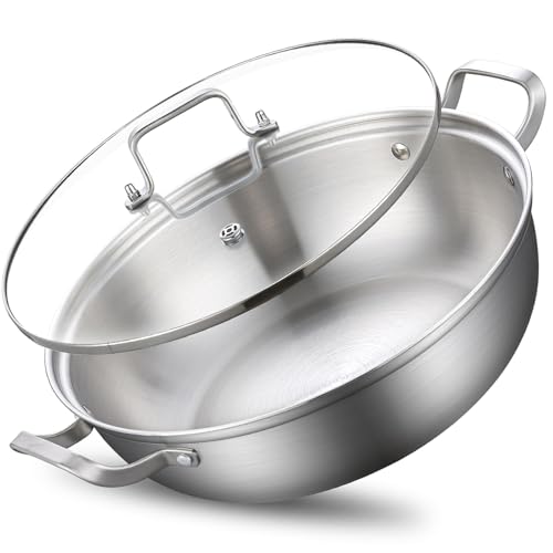Image of Yeksum Tri-Ply Stainless Steel Saute Pan,Deep Frying Pan with lid,Compatible with All Cooktops Up to 650℉, Everyday Pan,Hot Pot,Kadhai,Induction Cooking Pot,Dishwasher and Oven Safe. (7QT)