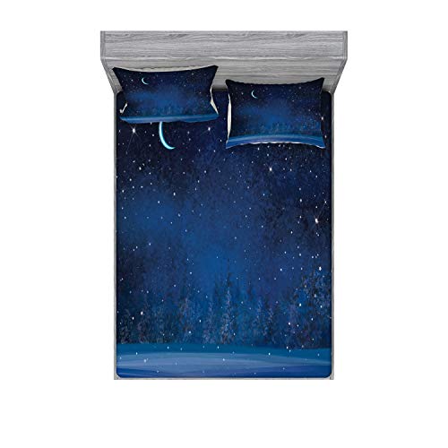 Ambesonne Moon Fitted Sheet & Pillow Sham Set, Mystical Winter Season Wonderland Starry Sky Night Forest Landscape Scenery Print, Decorative Printed 3 Piece Bedding Decor Set, Queen, Blue