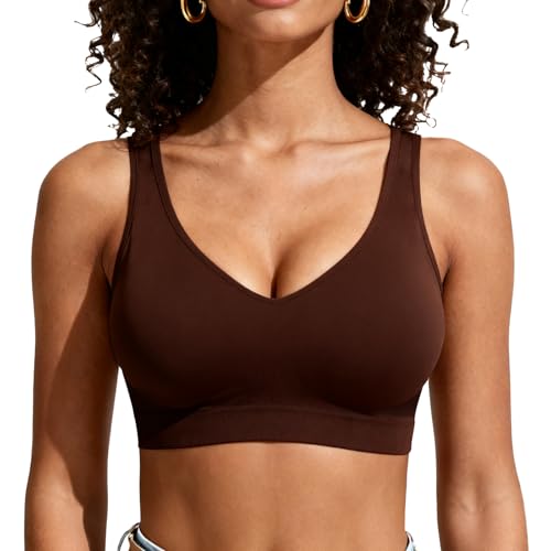 LEHEEYWT Women's Sports Bras, Wireless Padded Sports Bra with Cross Back Straps, Comfort Bra Bralettes for Women Ladies Yoga Pilates Gym Running (UK, Alpha, S, Regular, Regular, Brown)