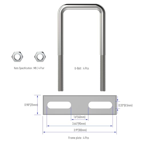 Image of 4 Sets 304 Stainless Steel Square U-Bolts Stainless with M8 Nuts, Frame Plate, Accessories for Automobiles Trailer, Boat Trailer Industrial Parts (50X120mm (W*L))