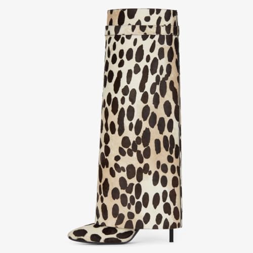 keleimusi Leopard Print Knee High Boots Women Fold Over Knee High Boots Shark Lock Stiletto boots Wide Calf Pull-on Pointed Toe Dress Long Boots for Women2