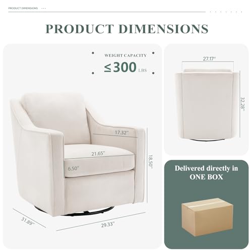 COLAMY Upholstered 360° Swivel Accent Chair with Track Arms, Thick Padded Arm Chair with Solid Metal Base, Comfortable Mid-Century Sofa Chair Modern Reading Chair for Living Room and Bedroom, Beige