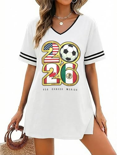 Soccer Cup 2026 Shirt Dress Women Soccer Season Dresses Game Day V-Neck Tshirt Dress Casual Short Sleeve Tops White