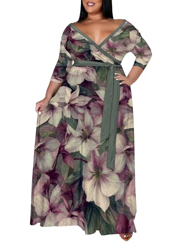 Image of SUZONANA Plus Size Maxi Dresses for Curcy Women Casual Loose 3 /4 Sleeve Long Dress with Belt