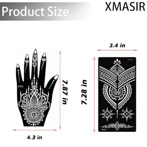 XMASIR 16 Sheets Temporary Henna Tattoo Kit, Reusable Tattoo Stencils Sets Indian Arabian Temporary Tattoo Templates Kit for Body Hand Art