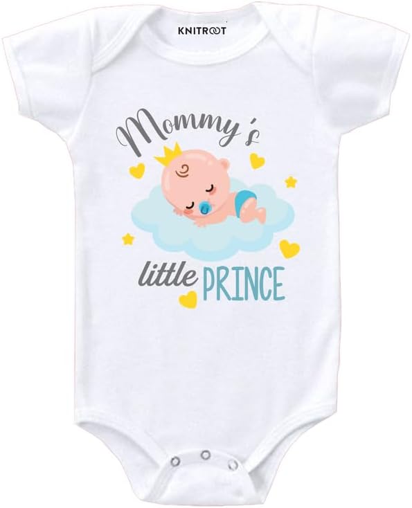 KNITROOTMom Family Special Onesies, Unisex Baby Kids Cotton Lycra Envelope Neck Half Sleeve White Romper, Bodysuit, Sleepsuit, Mommy's Little Prince, Infant Cloths for Boys & Girls