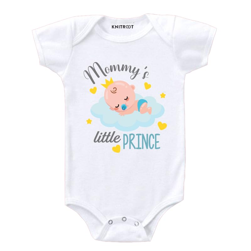 KNITROOTMom Family Special Onesies, Unisex Baby Kids Cotton Lycra Envelope Neck Half Sleeve White Romper, Bodysuit, Sleepsuit, Mommy's Little Prince, Infant Cloths for Boys & Girls