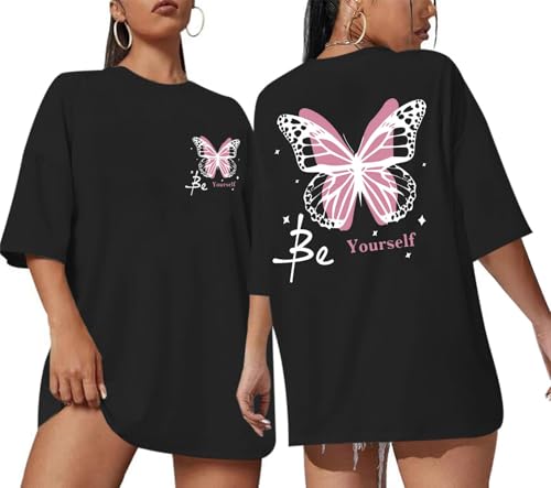Qiopioiy Butterfly Shirts for Women Motivational Positive Oversized Tshirts Inspirational Shirt Graphic Tees Aesthetic Tops(Black L)