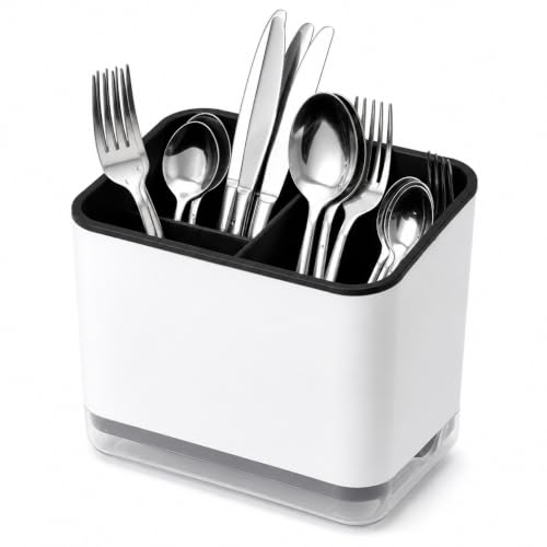 Image of Kitchen Utensil Holder with Drain Tray | Self Draining Countertop Organizer, 3 Compartment Cutlery Caddy | Detachable Water Collection Base for Spoons Forks Knives Cooking Tools (Black)