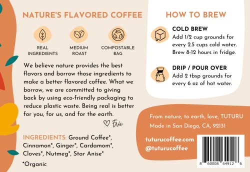 Dirty Chai Ground Coffee | Flavored With Real Chai Spices | Medium Roast, Organic Coffee | Smooth Low-Acid | Perfect For Drip, Pour Over Or Cold Brew | 8Oz Compostable #TOP6