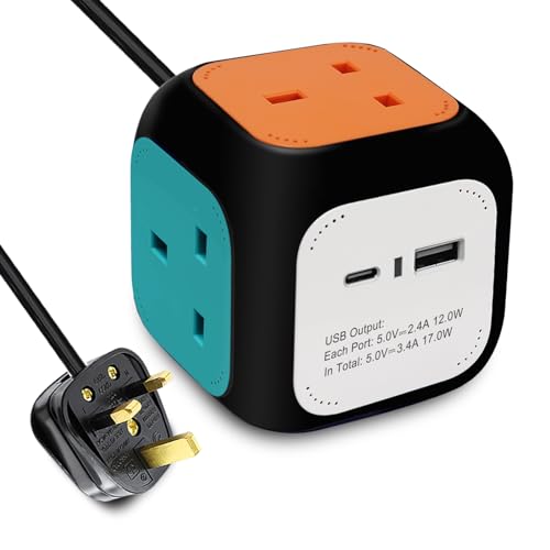 EXTRASTAR 4 Way Cube Extension Lead 1.5M, Power Cube Usb C 3120W, Cube Plug Extension with 2 Usb Ports(5V/3.4A) for Home Office Dorm and Travel - Black Colorful