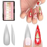 NOVO OVO Long XL Sharp Stiletto Pointed Nail Tips Press on, Extra Long Thick Soft Gel Double Matte Clear Fake Nail Extension, Full Cover False Nails for Acrylic, for Salon DIY x 16 Sizes 224 pcs