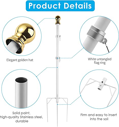 Sdmetei 9 Ft Flag Poles For Outside House Inground, Extra Thick Flag Pole Kit In Ground For Yard, Stainless Steel Flagpole For Garden, Camping, Outdoor Flag Pole Kit Tangle Free, Sectional, White (Flag Not Included) #TOP1