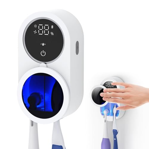 LifeBasis UV Toothbrush Sanitizer Wall Mounted Holder with Dual Disinfection, 50-Day Rechargeable Long-Lasting Battery, Air-Drying, and LED Smart Sensing Toothbrush Holders for Bathroom