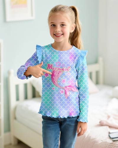 Image of Girls Long Sleeve Shirts Kids Crewneck T-Shirt Toddler Girl Unicorn Mermaid Ruffle Graphic Tees Fall Soft Tops 3-8 T