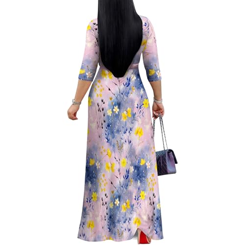 Image of Women Plus Size Long Sleeve V Neck Maxi Dress with Belt | Soft fabric relaxed fit three quarter sleeve v neck with pockets for party and daily wear