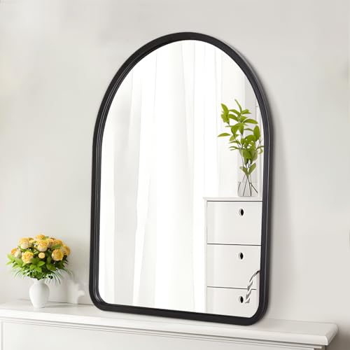 HLFMVWE Specchio da parete con cornice ad arco nero antico rustico con cornice in legno per nuova casa, vanità, casale, bagno, camera da letto, ingresso, corridoio, piccolo decorativo, 35 x 25 cm