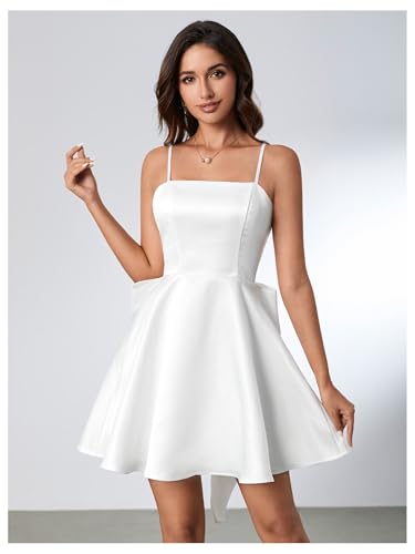 WDIRARA Women's Satin Bow Homecoming Dresses Spaghetti Strap Wedding Guest Gown Summer Mini Dress4