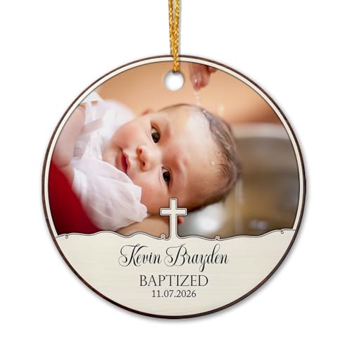 Personalized God Bless Baptized Ceramic Ornament, Baby First Christmas Baptism Ornaments Gifts For Newborn, Christened Ornament Christmas 2026, Custom Date & Photo Baby Baptized Xmas Ceramic Ornaments