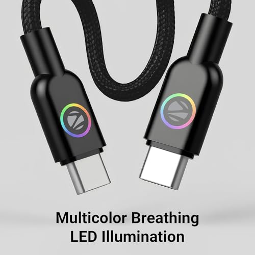 Image of Zebronics Wattz 60CC3 Type-C to Type-C Braided Cable, PD 60W, Upto 480Mbps Data Sync, 1 Meter, Durable, Charge & Sync, Rapid Charging, Multicolor Breathing LED, For Laptops, Tablets, Mobiles (Black)