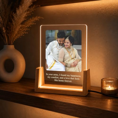 Image of Giftplease Personalized LED Acrylic Photo Frame with Custom Photo & Text | Engraved Acrylic Picture Lamp | Wooden LED Base | USB Night Light | Anniversary Wedding Birthday Couple Family Home Decor