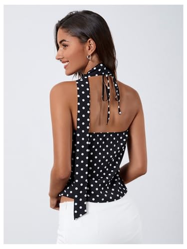 MakeMeChic Women's Polka Dots Halter Top Ruffle Backless Going Out Top with Scarf2