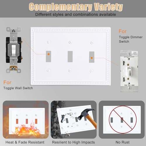 Kisrvopn Metal Wall Plates,Classic Beaded Switch Plate,Light Switch Covers,Electrical Outlet Covers,1-4 Gang Combo-Size Decorative Wall Plate Cover (3 Gang Toggle 1 Pack, White) by Kisrvopn - Image 4