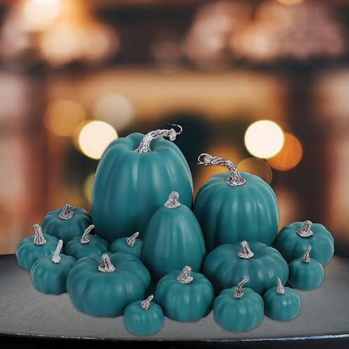 Lindagary 16pcs Harvest Pumpkins Artificial Pumpkins Model Foam Pumpkins Ornament Decorative Crafts Pumpkins for Halloween Thanksgiving Home Party Table Decor - Green