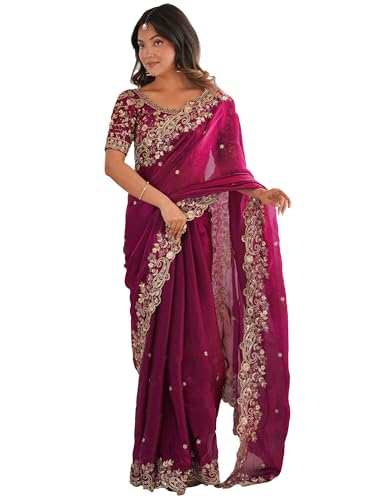Image of AKHILAM Women's Shimmer Satin Sequence Embroidery Saree With Unstitched Blouse Piece(AARYAN21401 KR Parent)