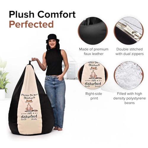 Image of Amazon Brand - Solimo Premium Faux Leather Bean Bag Combo with Footrest & Cushion, Filled with Beans | Capacity: Upto 6 Ft 3 in Height, 120 KG Weight | 3XL | Do Not Disturb | Black