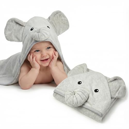 Image of Premium Baby Towel for Bath with Hood, Extra Soft, Silky Smooth Fabric, Made from Viscose derived from bamboo and cotton Extra Large Absorbent, Hypoallergenic, Machine Washable, Elephant