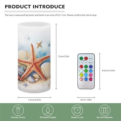 Image of LED Flameless Candles Battery Operated with Remote Timer Realistic Electric Candle Pillar Lights 12 Color Changing for Indoor Outdoor Coastal Home Decoration, Starfish Seashell Retro