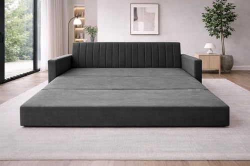 Image of Rosebell Foldable Sofa-Cum-Bed | Three-in-One Sofa Couch with Armrest | Modern Fabric Sofa for Living Room, Bedroom & Office-Black-Color