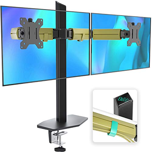 EleTab Dual Monitor Stand - Heavy Duty Dual Arm Monitor Desk Mount Fully Adjustable, Fit 2/Two LCD Screens up to 27 Inch with C-Clamp and Grommet Base, Yellow
