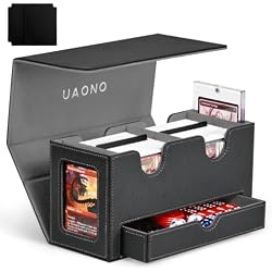 UAONO MTG Commander Deck Box, 3-in-1 Magnetic Card Box with 2 Top Loaders Display & 1 Dice Tray, Fits 200 Double Sleeved, Card Organizer Compatible with Magic the Gathering(Black Gray)