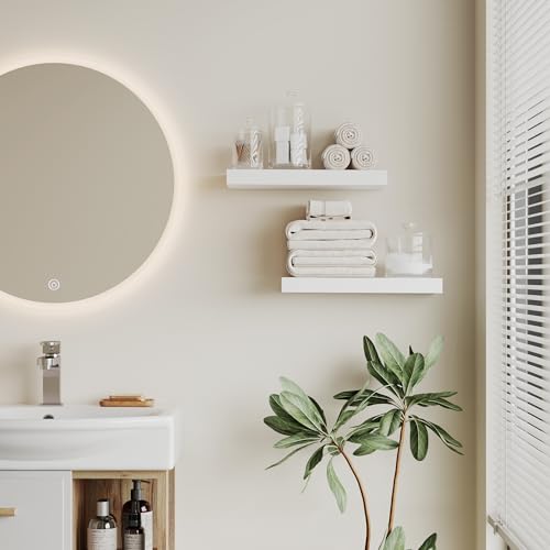 BONTEC 16 Inch Floating Shelves, White, Set of 2 for Bathroom, Bedroom, and Living Room