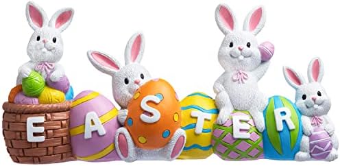 JOYIN Easter Bunny Eggs with The Word Easter Resin Centerpiece Decor 4 Rabbits Bunny & Egg Tabletop Easter Figuring for Easter Home and Office Easter Decoration