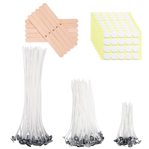 Aubeco 160Pcs 4/6/8 inch Pre Waxed Candle Wick with 160pcs Wick Stickers and 10Pcs Candle Wick Holders Bulk Cotton Candle Wicks for Candle Making Soy Wax