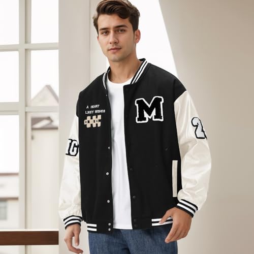 Image of Mens Varsity Jacket Baseball Bomber Jacket Vintage Unisex Streetwear Coats with Patchwork Hipster Utility Tops