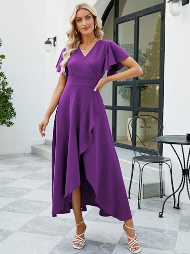 Image of Long Black Formal Dresses for Women Gowns Evening Party Cocktail Dress,Split Elegant V Neck Wrap Ruffle Wedding Guest Dresses