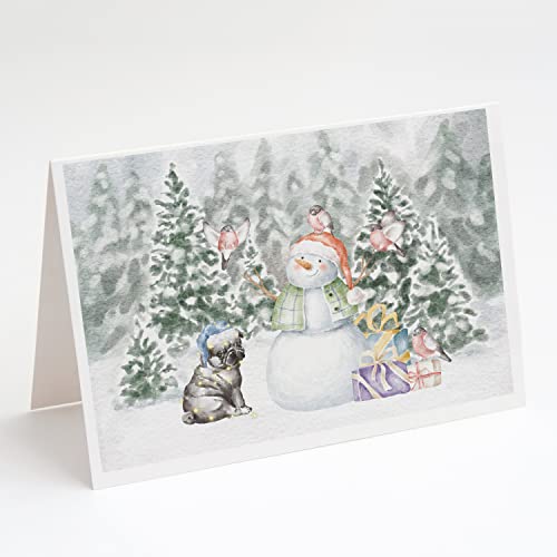 Caroline's Treasures CK8075GCA7P Pug Puppy Black Snowman and Christmas Presents Greeting Cards and Envelopes Pack of 8 Blank Cards with Envelopes Whimsical A7 Size 5x7 Blank Note Cards