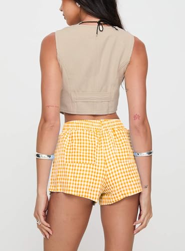 Image of Chunoy Women's Plaid Boxer Shorts Summer Casual Gingham Pajama Bottoms Short with Pockets