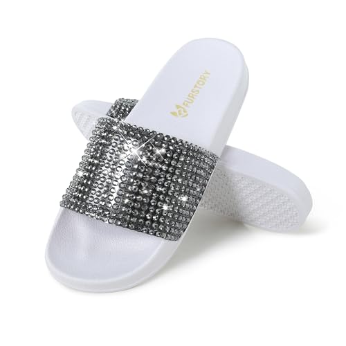 Image of Fur Story Womens Slides House Slippers Rhinestone Glitter Slides Cute bling Flat for Women Platform Sandals Cozy Bedroom Slippers Shower Shoes