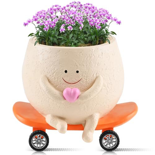 Smiley Face Planters Pots - Cute Skateboard Flower Pots Head with Drainage Hole, Funny Resin Plant Pots for Succulent Cactus String of Pearls Indoor Outdoor Live Plants, Gift for Mother Christmas