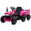 TOBBI Kids Electric Ride On Toy Tractor, Toddlers 12V Battery-Powered Car to Drive, 35W Dual Motor 6-Wheels Trailer Vehicle with 3-Speeds/LED & Horn Functions for Chirdren Aged 3-8-Pink