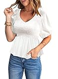 Acelitt White Puffy Sleeves Blouse for Women Spring Summer Sexy V Neck Flowy Peplum Tops Beach Vacation Outfits Resort Wear XX-Large