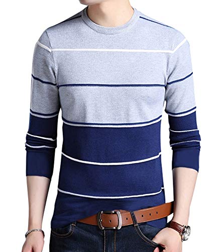 Image of EYEBOGLER Men's Striped Regular fit T-Shirt (T305 Navy Blue Light Grey White M)
