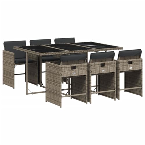 Image of 6-Piece Gray Poly Rattan Patio Dining Set with Tempered Glass Table and Foldable Chairs for Outdoor Entertaining, Weather-Resistant Furniture with Removable Cushions