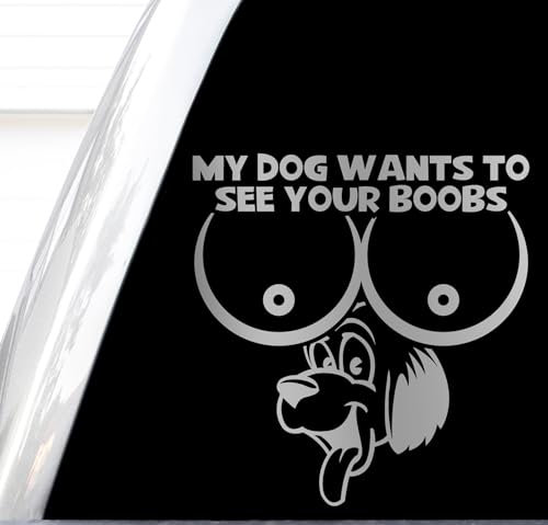 My Dog Wants to See Your Boobs Decal, Funny Pet Stickers, Funny Dog Stickers, My Dog Ate Your Stick Figure Family, Paw Print Stickers (Silver, H 6 by L 6 Inches)
